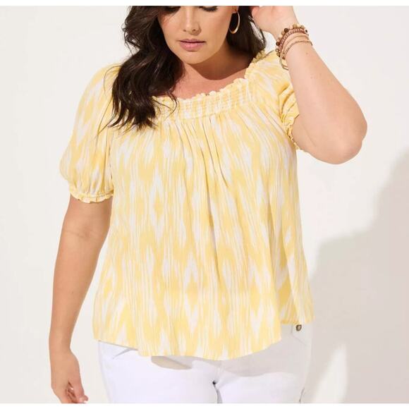 torrid Tops - Torrid Gauze Yolk Top Women's 2X Yellow White Puff Sleeve Smocked Neckline